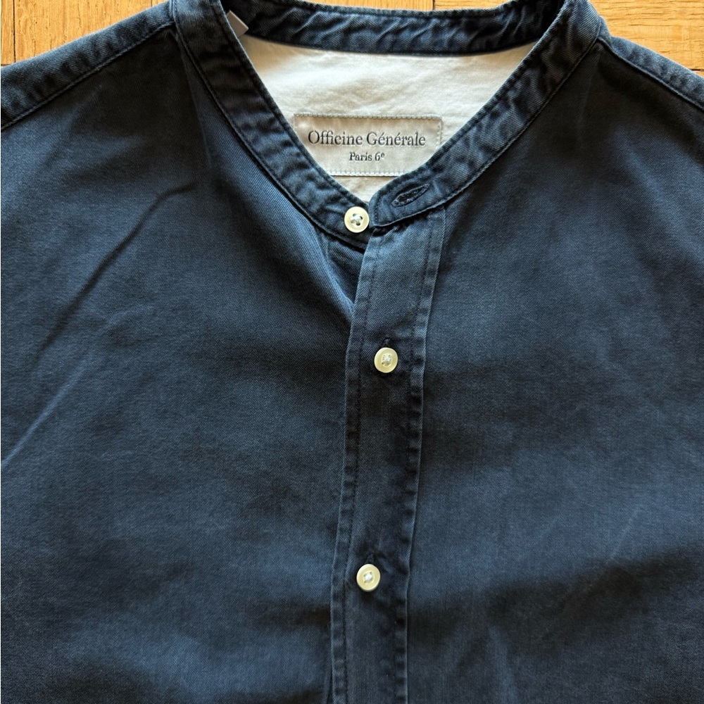 Officine Generale Blue Casual Button Down Shirt with Mandarin Collar